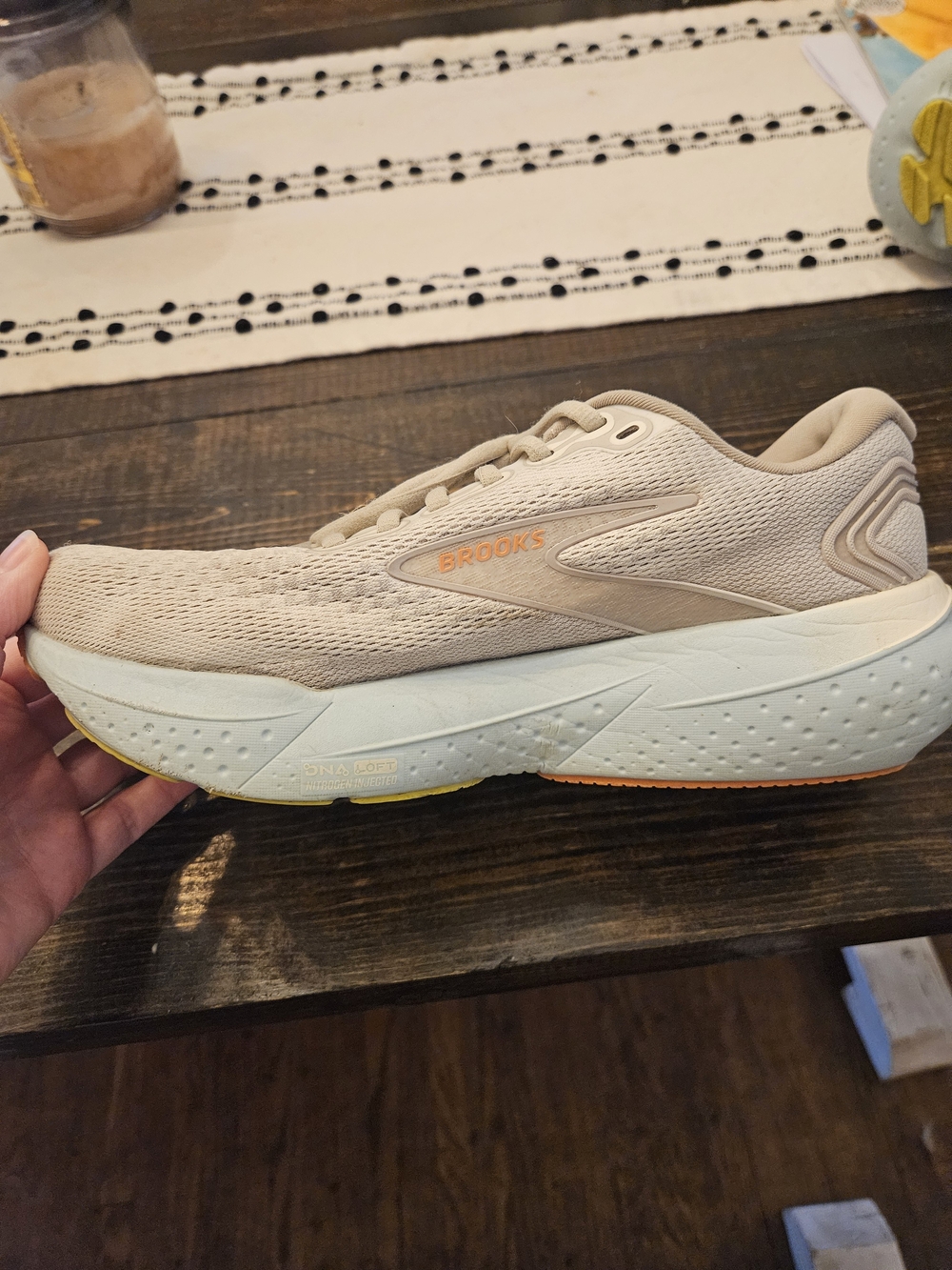 Brooks Women's Running Shoe in Beige with Pale Yellow Accents